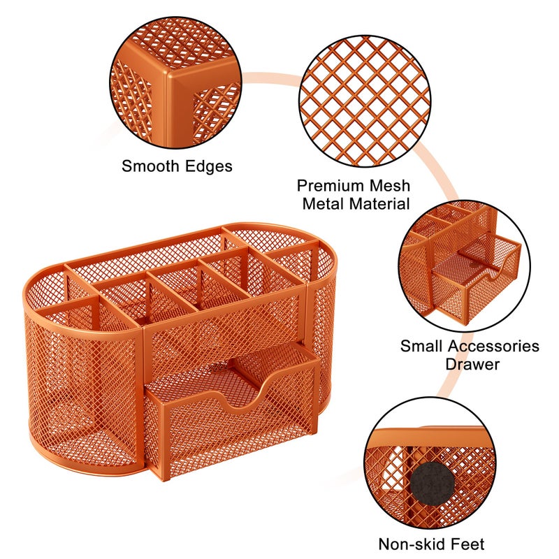 EasyPAG Mesh Pen Holder Desk Organizer with Drawer Stationery Supplies Organizer for Dorm School 9 Compartments Workspace Desk Accessories Organization for Office, Orange - Image 4